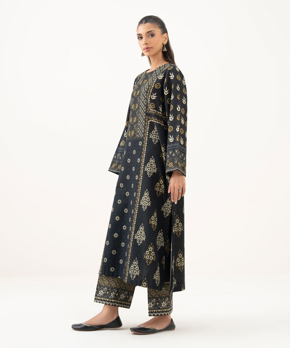 Women's RTW Light Khaddar Printed Straight Black Shirt