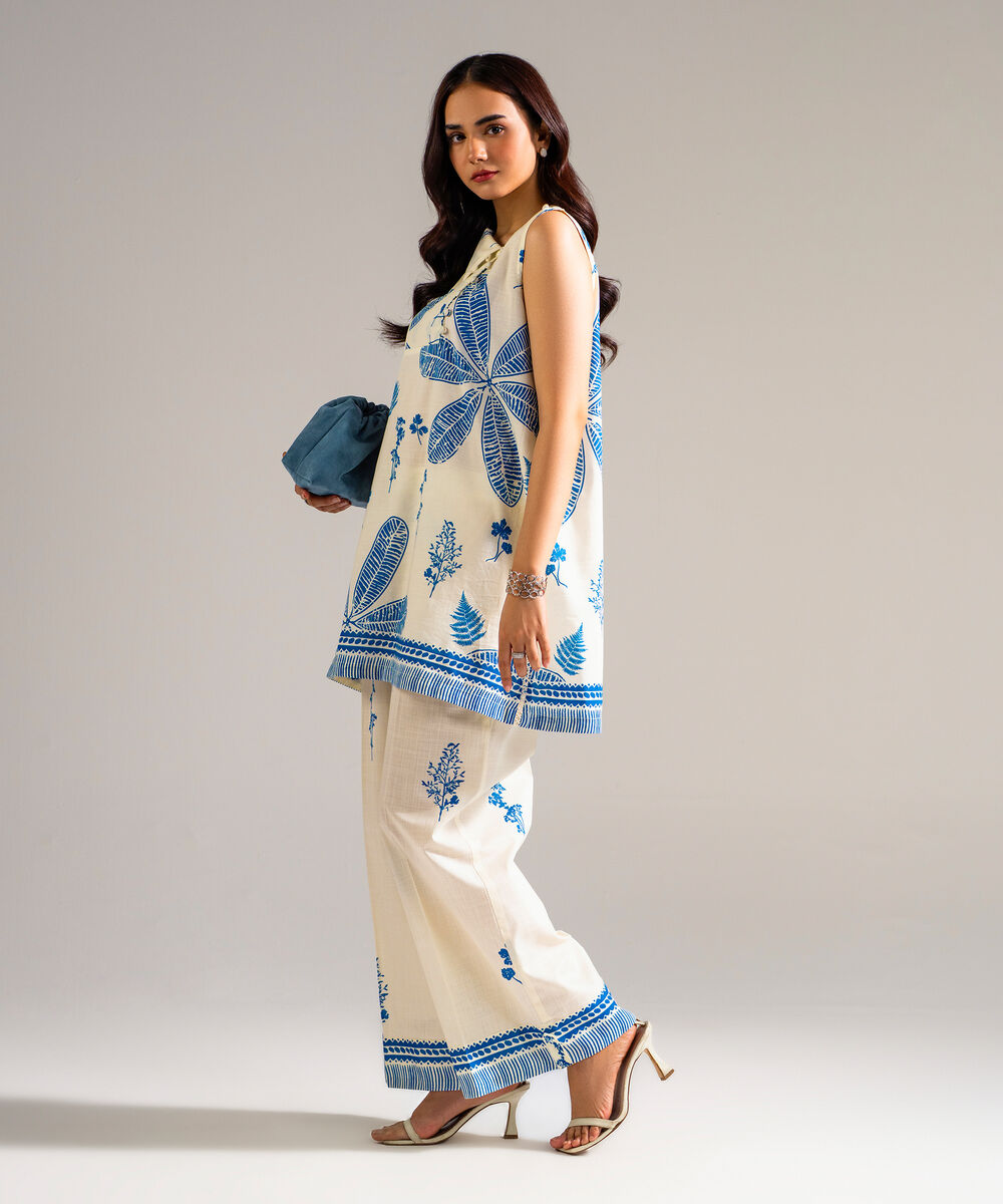 Women's RTW Slub Lawn Printed Off White Straight Shirt