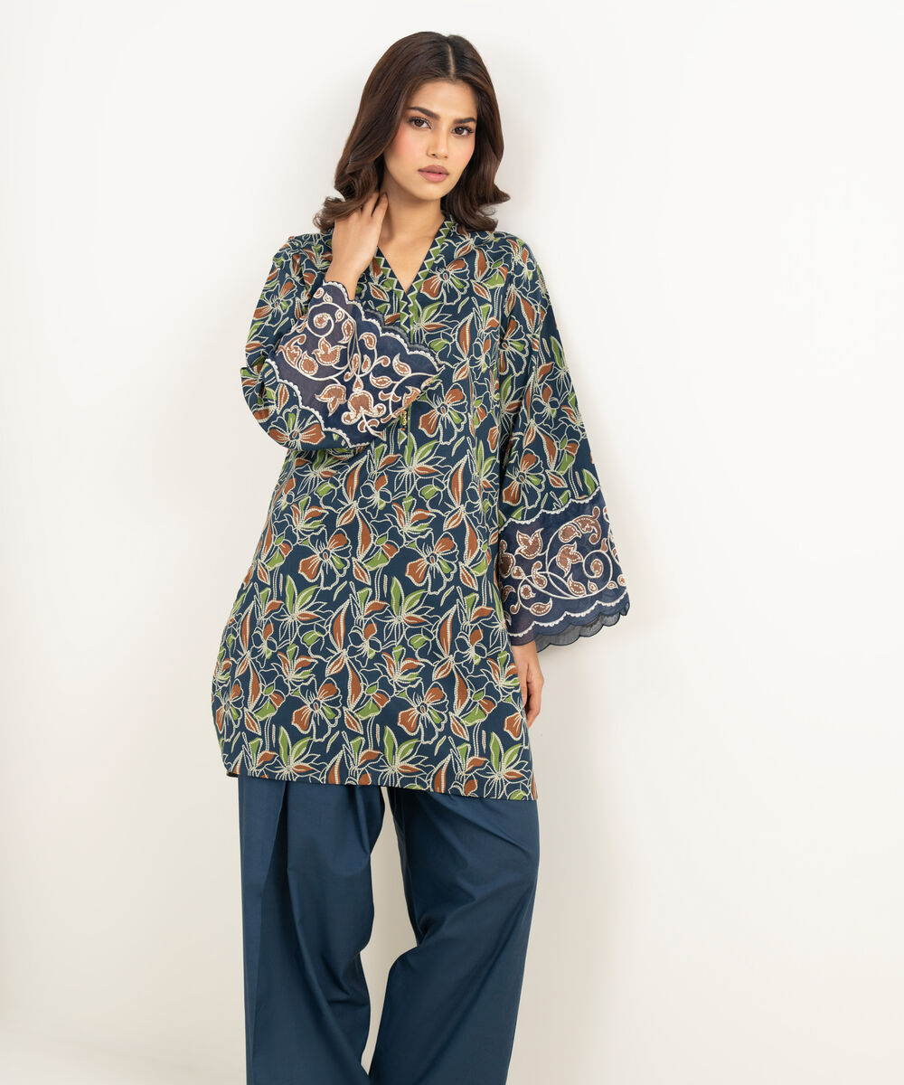 Women's Unstitched Lawn Embroidered Blue 2 Piece Suit