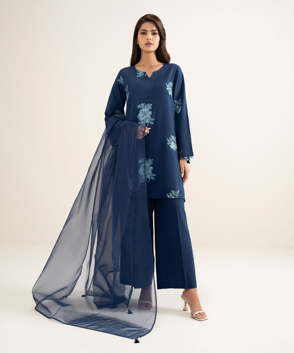 Women's RTW Cotton Viscose Embroidered Blue Straight Shirt