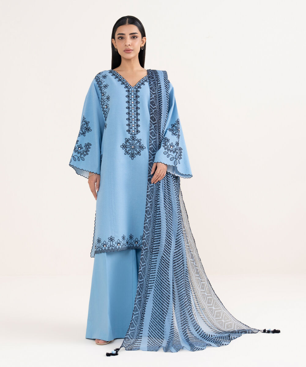 Women's Unstitched Dobby Embroidered Blue 3 Piece Suit