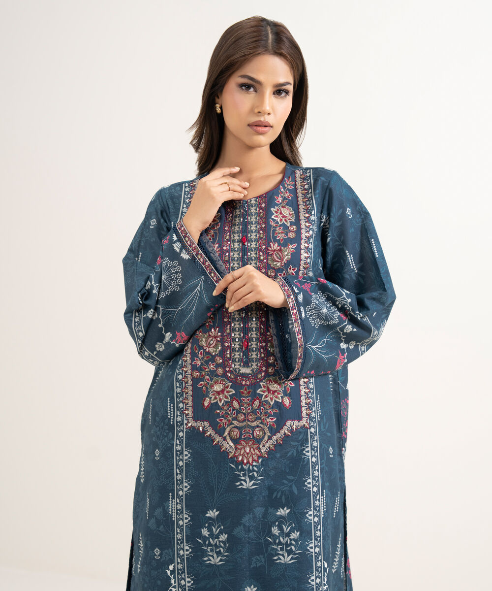 Women's RTW Zari Cotton Embroidered Blue A-Line Shirt