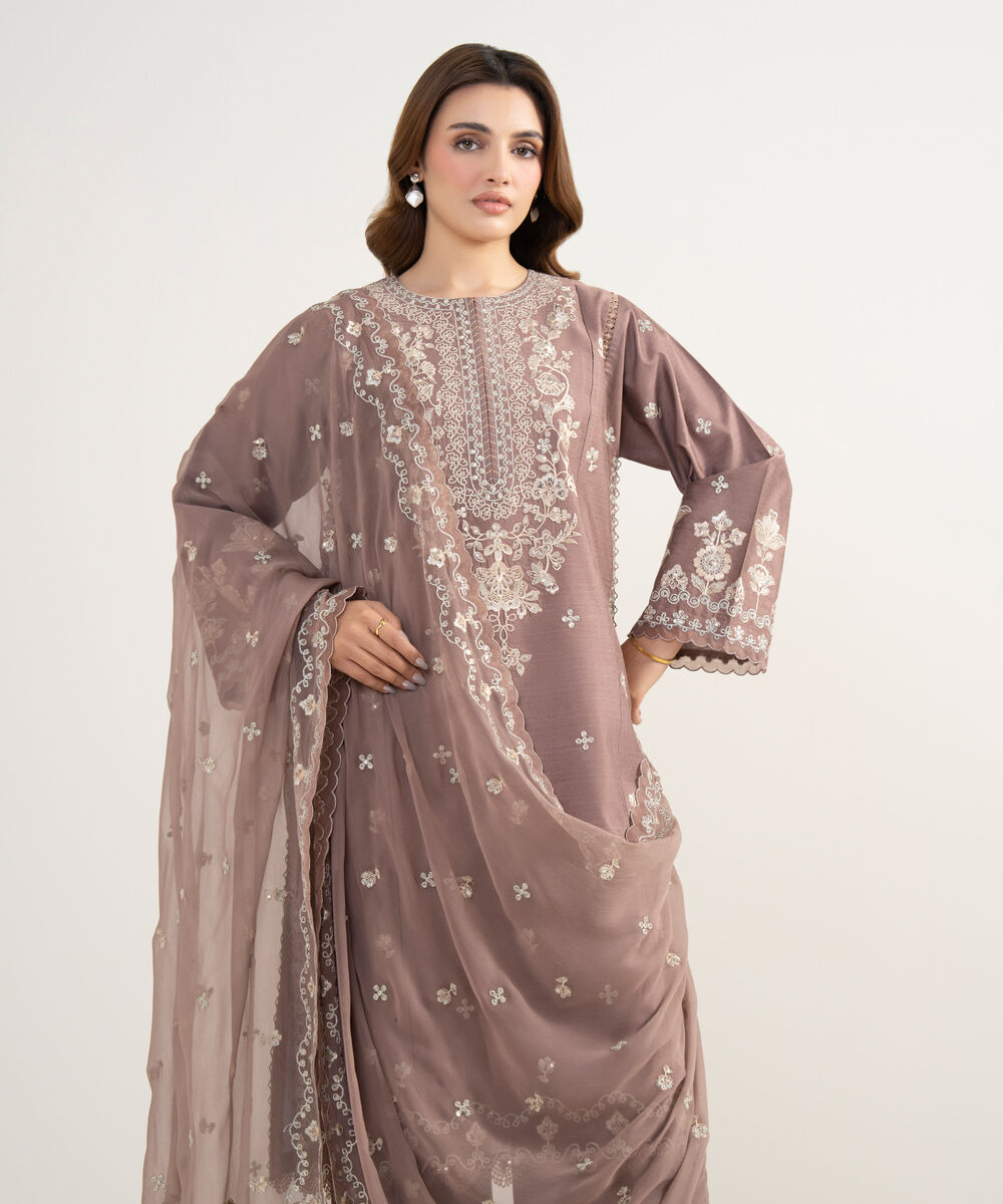 Women's Unstitched Cotton Net Embroidered Pink 3 Piece Suit