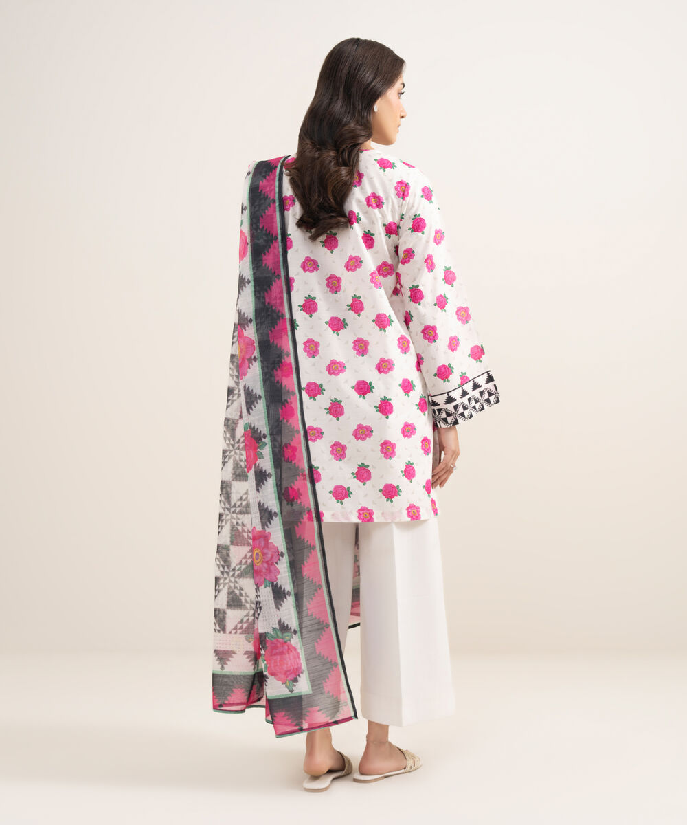 Women's RTW Slub Lawn Printed White 2 Piece Suit