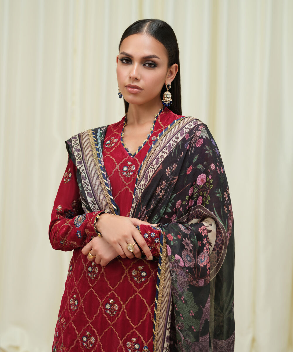 Women's Unstitched Velvet Embroidered Red 3 Piece Suit