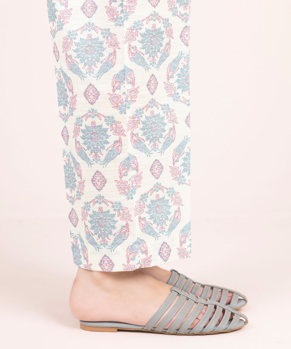 Women's RTW Khaddar Printed White Straight Pants