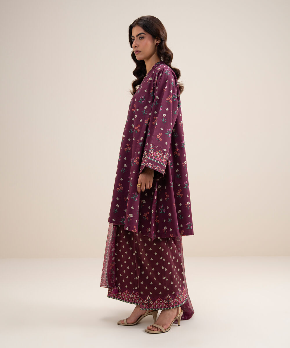Women's Unstitched Lawn Printed Maroon 3 Piece Suit