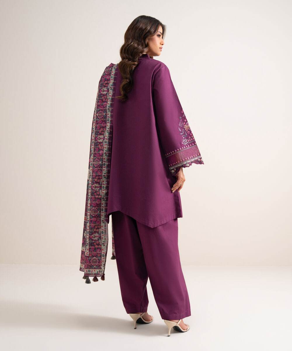 Women's Unstitched Embroidered Cotton Purple 3 Piece Suit