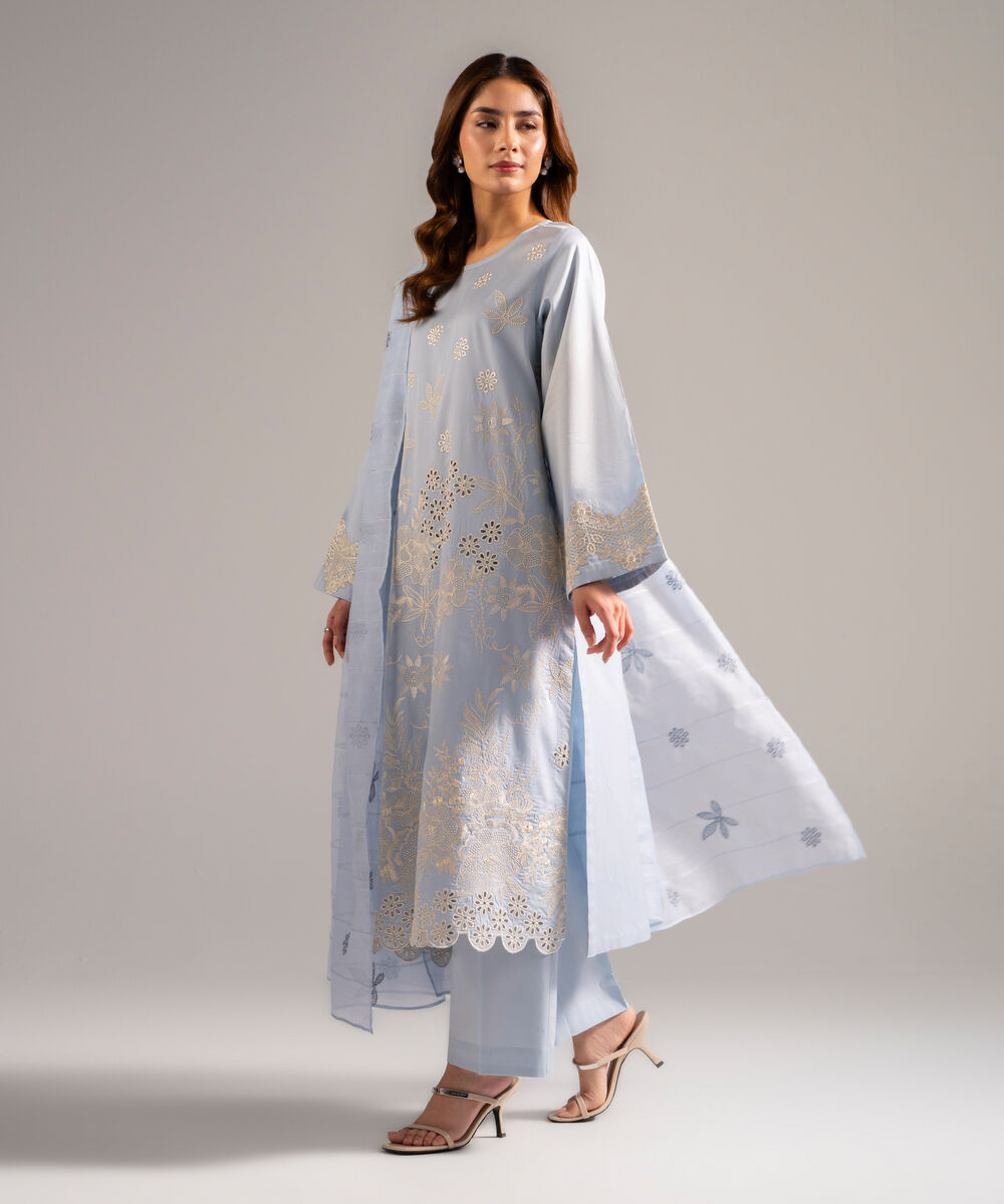 Women's RTW Cotton Satin Embroidered Light Blue 3 Piece Suit