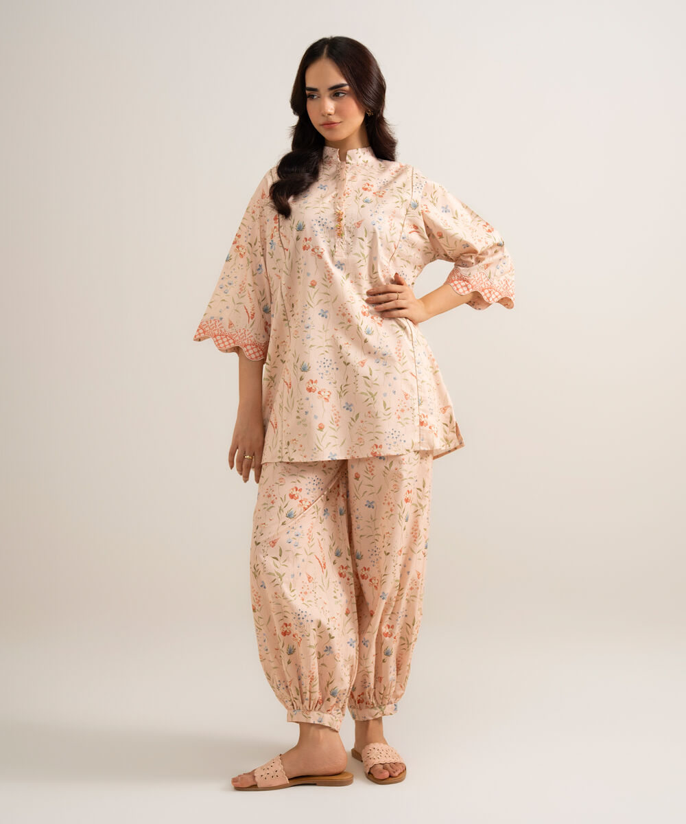Women's Unstitched Lawn Printed Light Peach 2 Piece Suit