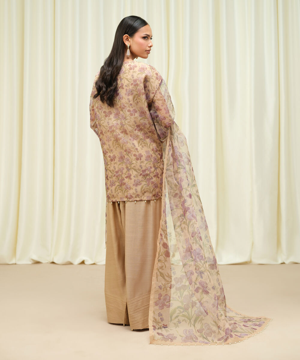 Women's Unstitched Blended Organza Embroidered Beige 3 Piece Suit