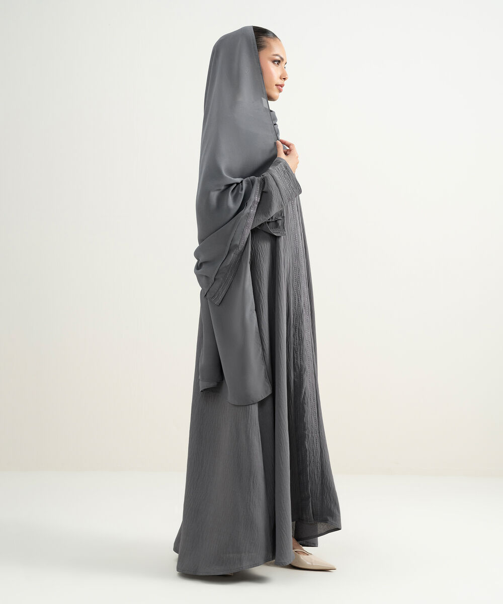Women's Grey Kimono Embroidered Abaya