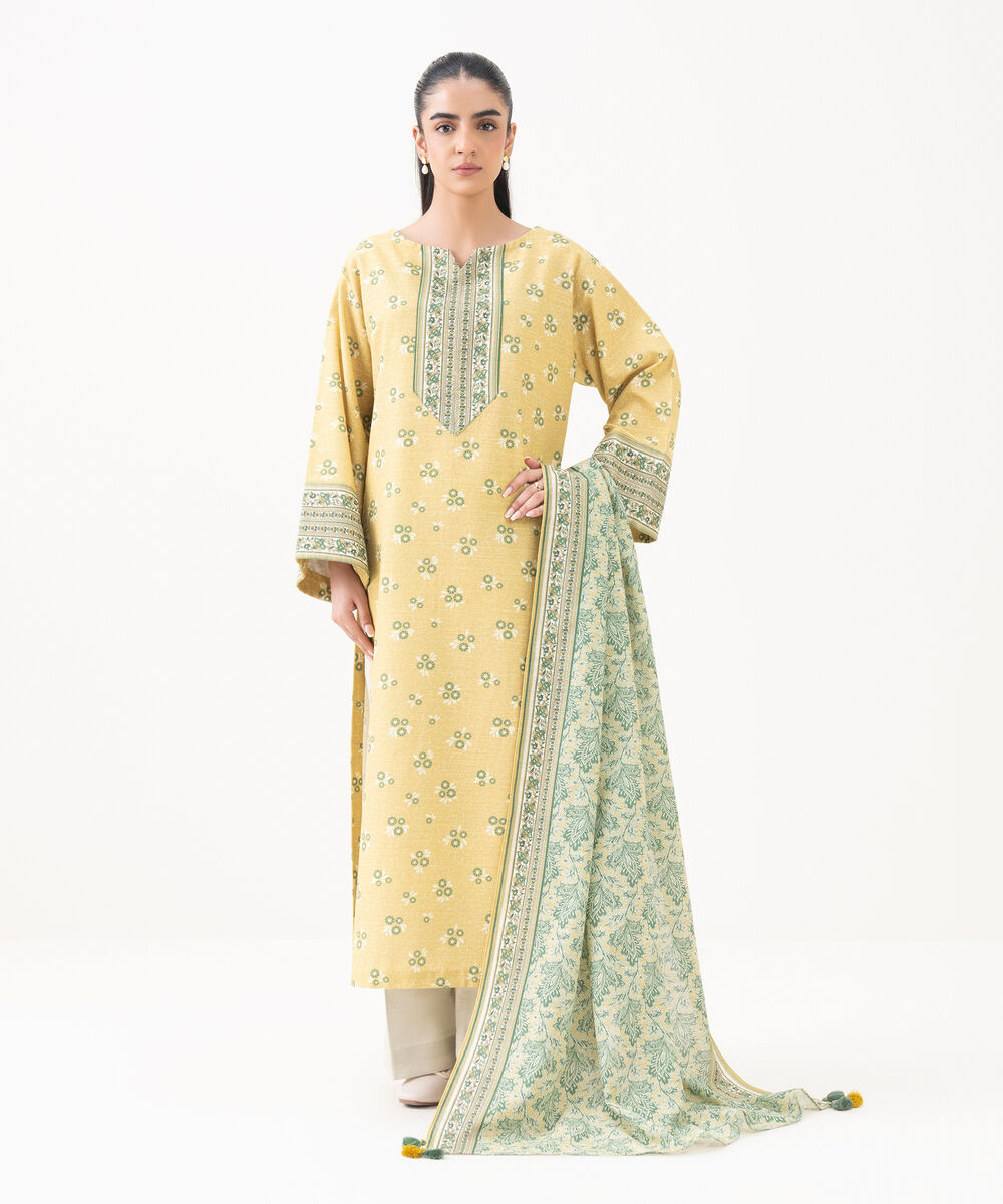 Women's Unstitched Cotton Printed Yellow 2 Piece Suit
