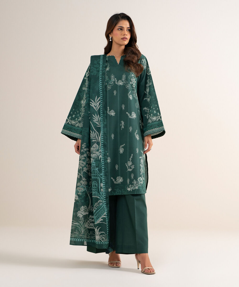 Women's Unstitched Lawn Printed Green 3 Piece Suit