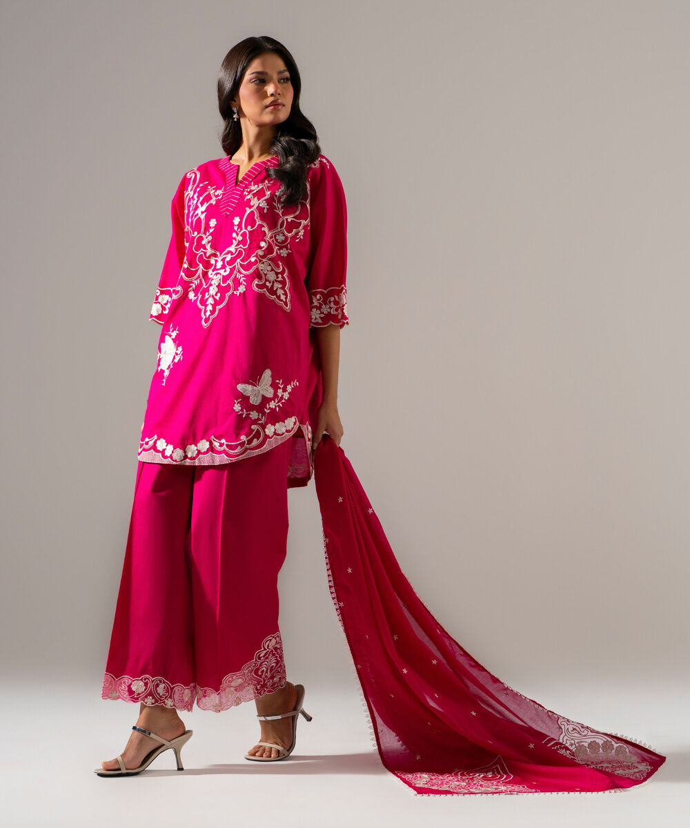 Women's RTW Lawn Solid Embroidered Pink 3 Piece Suit