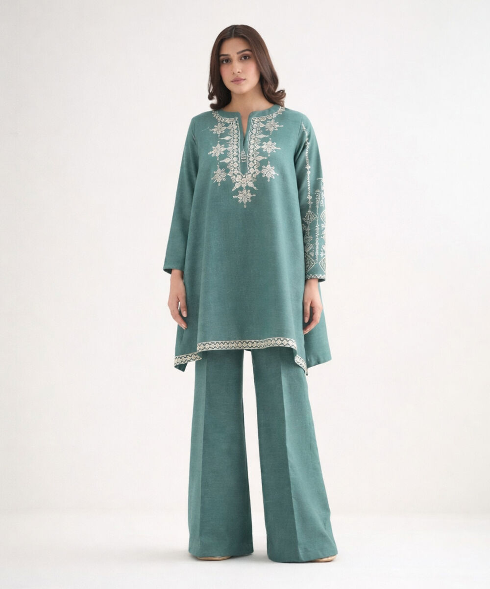 Women's Unstitched Linen Sea green 3 Piece Suit