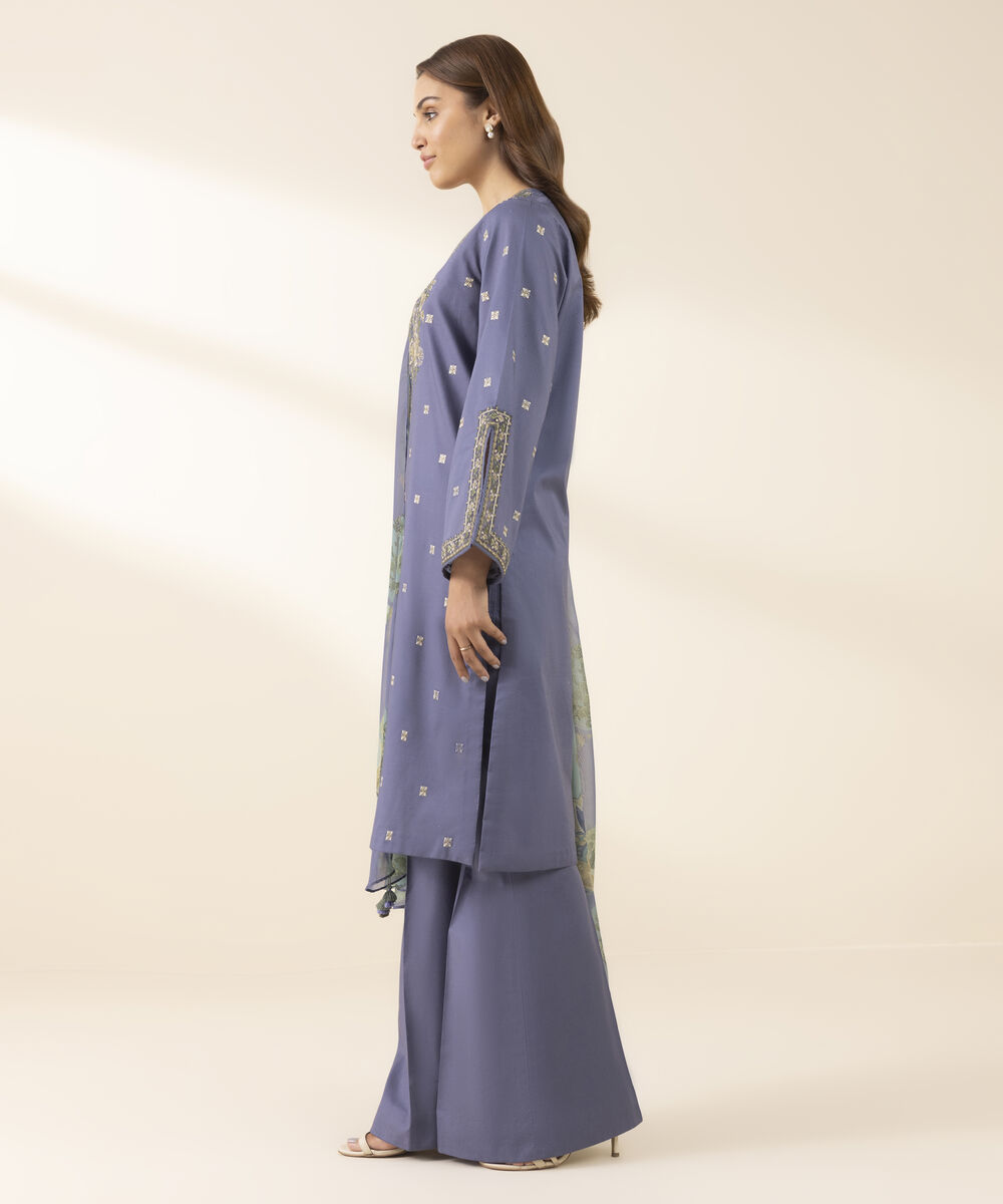 Unstitched Women's Blue Textured Lawn Shirt Dupatta