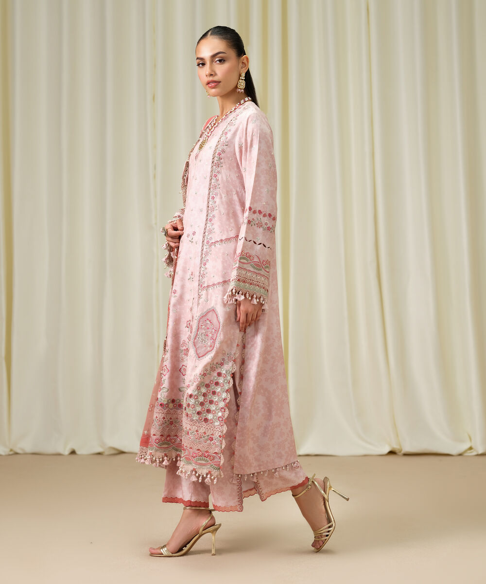 Women's Unstitched Viscose Raw Silk Embroidered Pink 3 Piece Suit