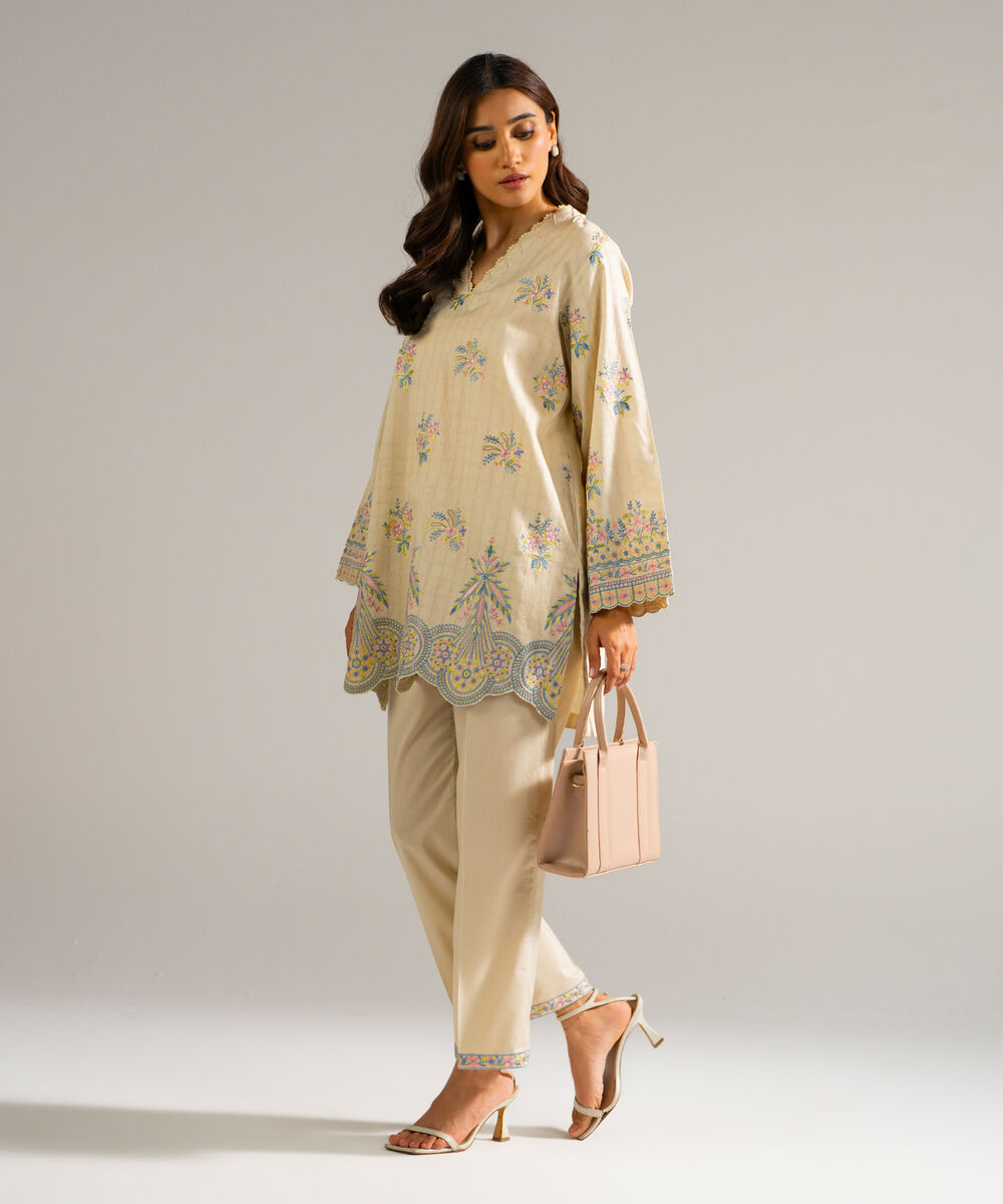 Women's RTW Dobby Embroidered Beige Straight Shirt