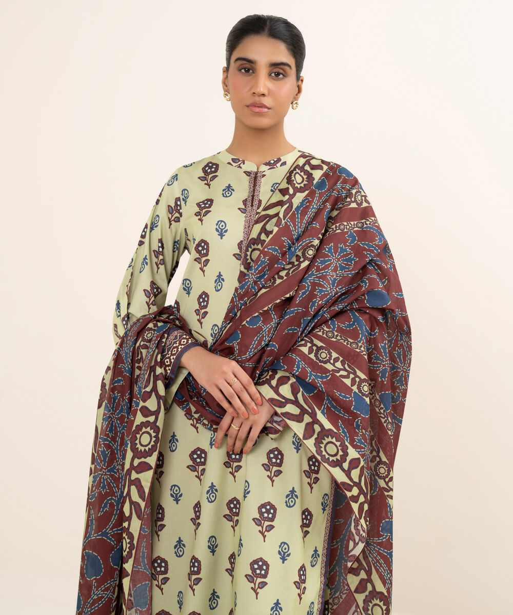 Women's Unstitched Cotton Printed Off White 3 Piece Suit