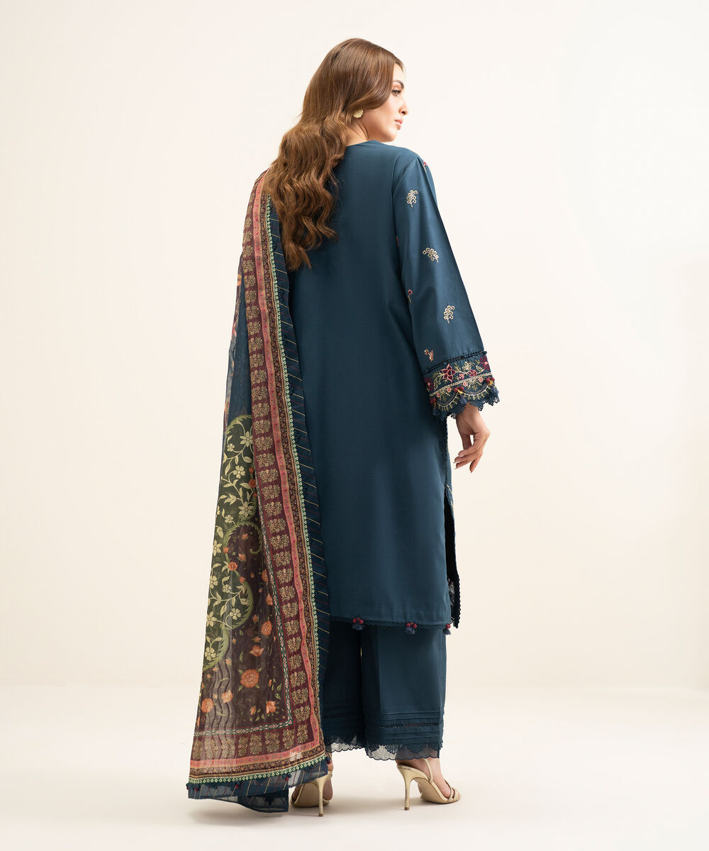 Women's Unstitched Cotton Embroidered Blue 3 Piece Suit