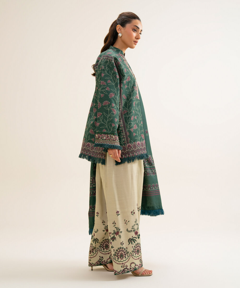 Women's Unstitched Cotton Embroidered Green 3 Piece Suit