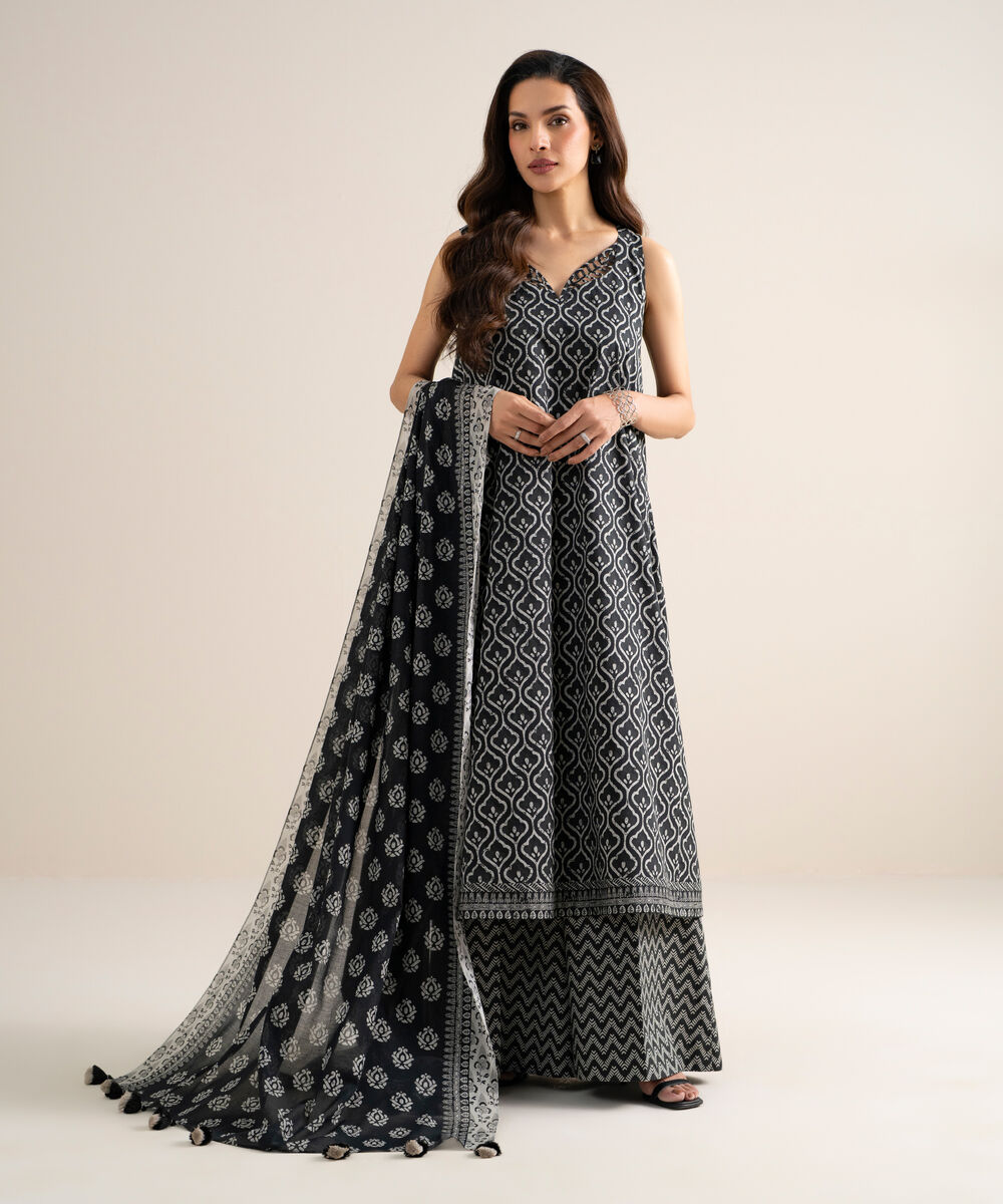 Women's Unstitched Lawn Printed Black & White  3 Piece Suit
