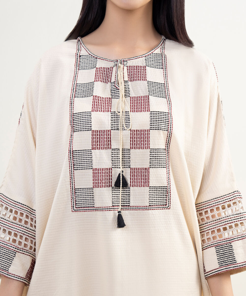 Women's RTW Dobby Embroidered Off White Drop Shoulder Shirt