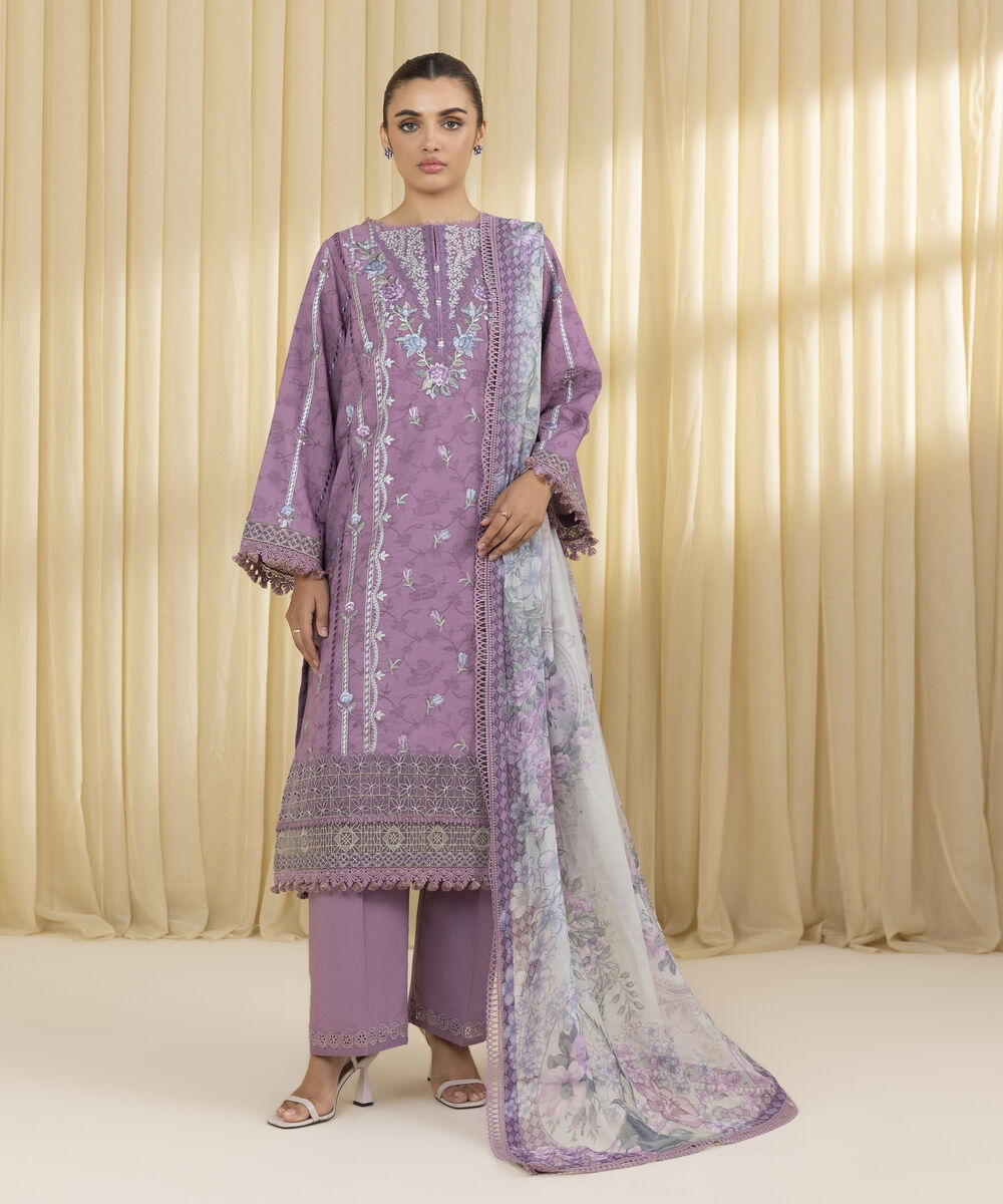 Unstitched Women's Purple Cotton Jacquard 3 Piece Suit