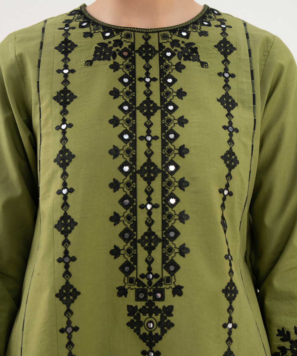 Women's Unstitched Cotton Embroidered Green 3 Piece Suit