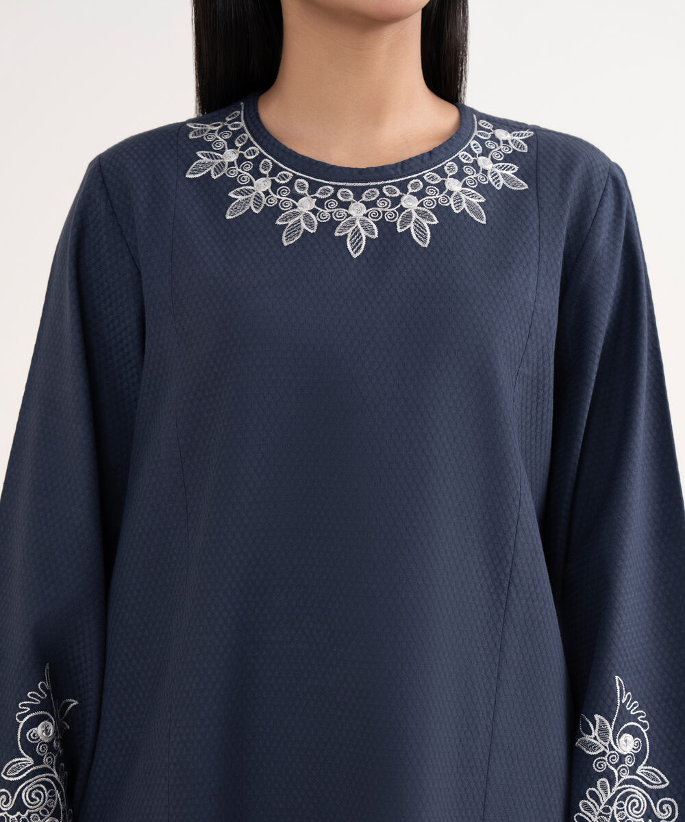 Women's Unstitched Dobby Embroidered Blue 3 Piece Suit