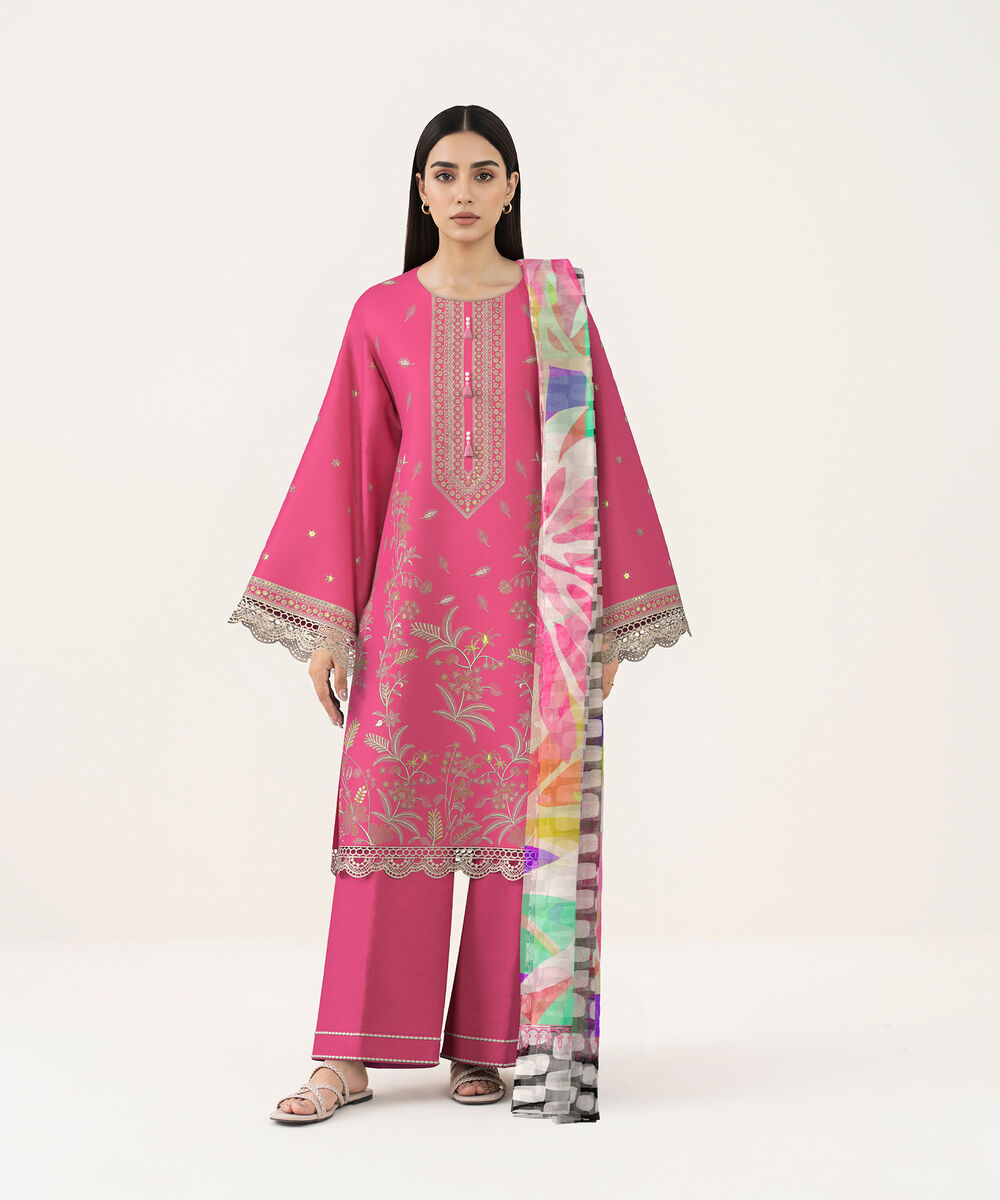 Women's Unstitched Self Jacquard Pink Embroidered 3 Piece Suit