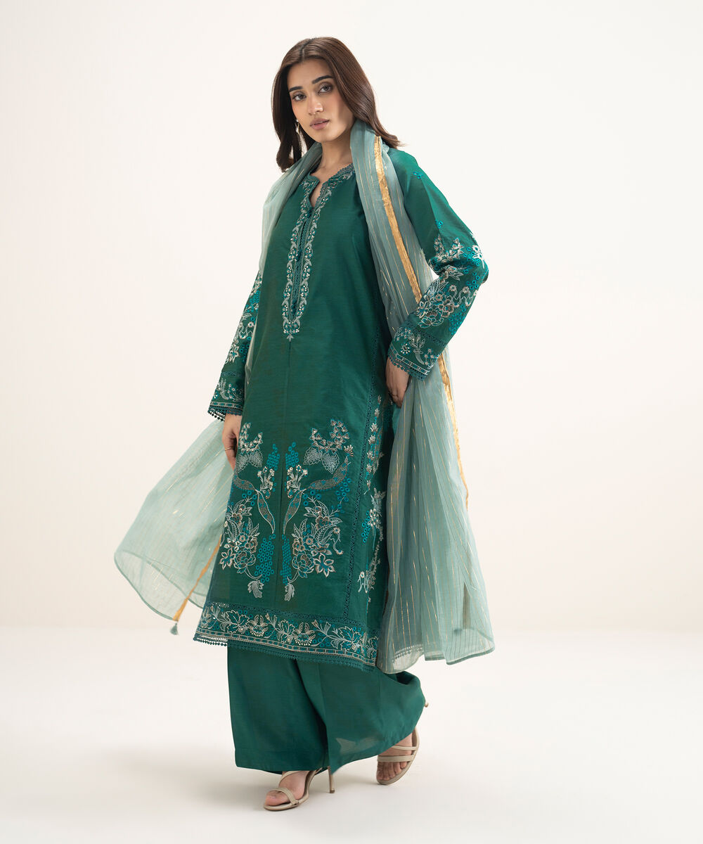 Women's RTW Silk Cotton Net Embroidered Green 3 Piece Suit