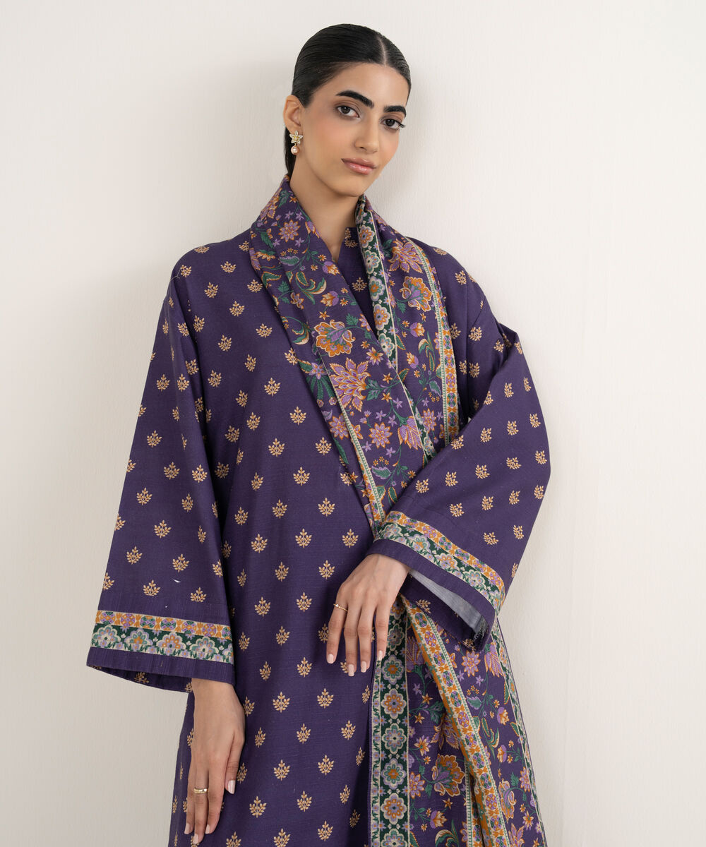 Women's Unstitched Printed Khaddar Purple 3 Piece Suit
