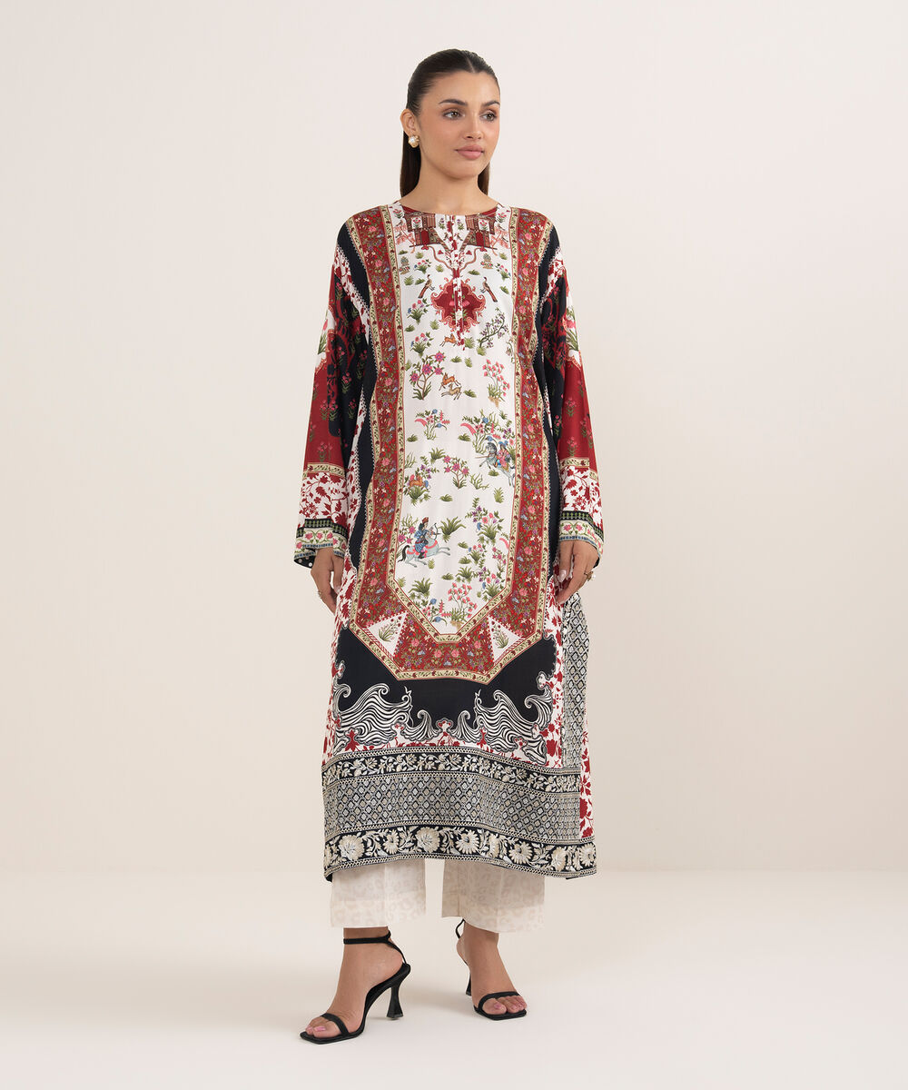 Women's RTW Arabic Lawn Maroon Printed Drop Shoulder Shirt