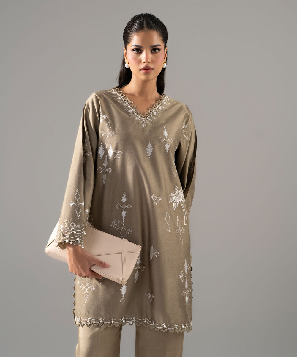 Women's RTW Cotton Net Solid Embroidered Muted Green 2 Piece Suit