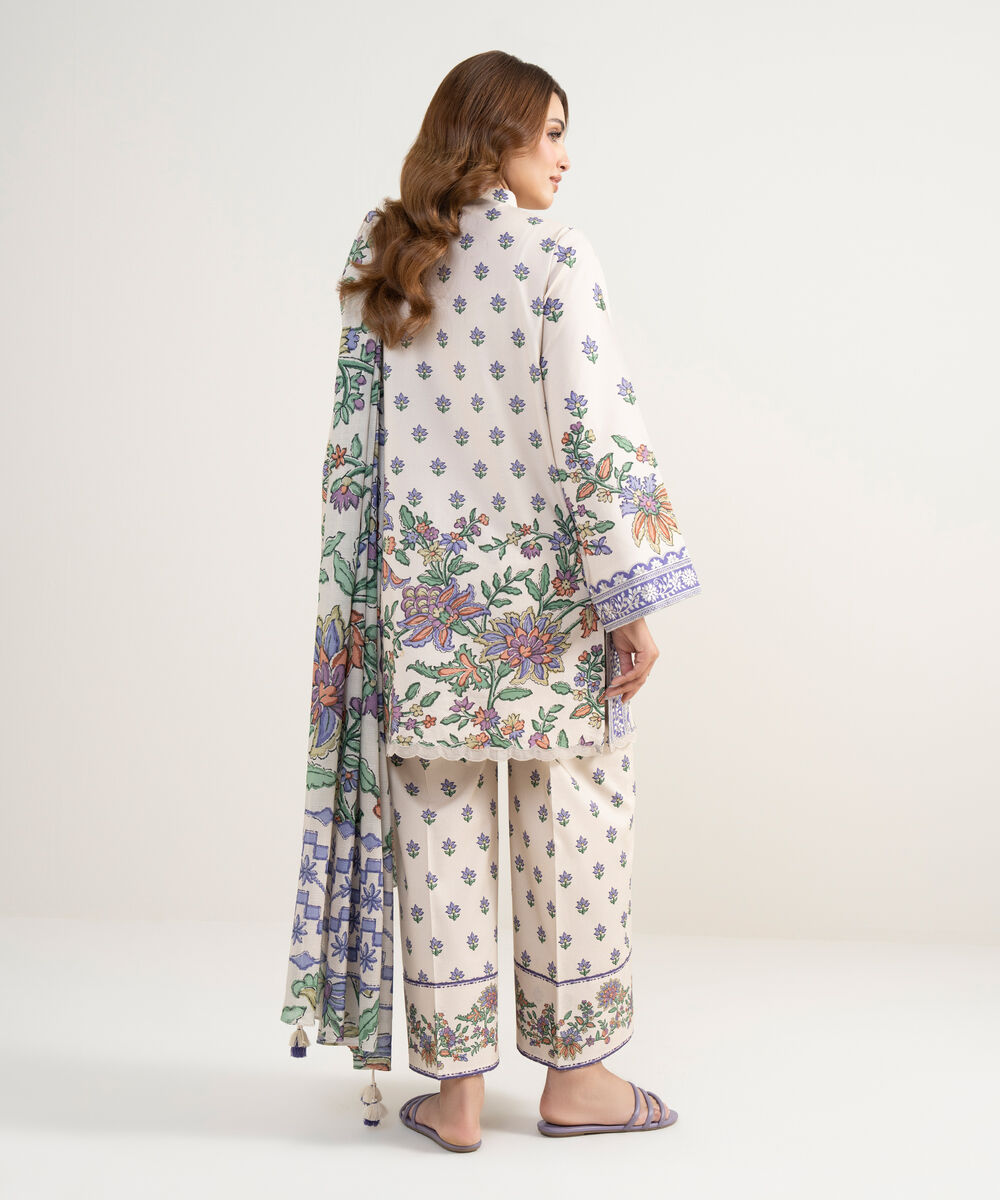 Women's Unstitched Lawn Embroidered Off White 3 Piece Suit