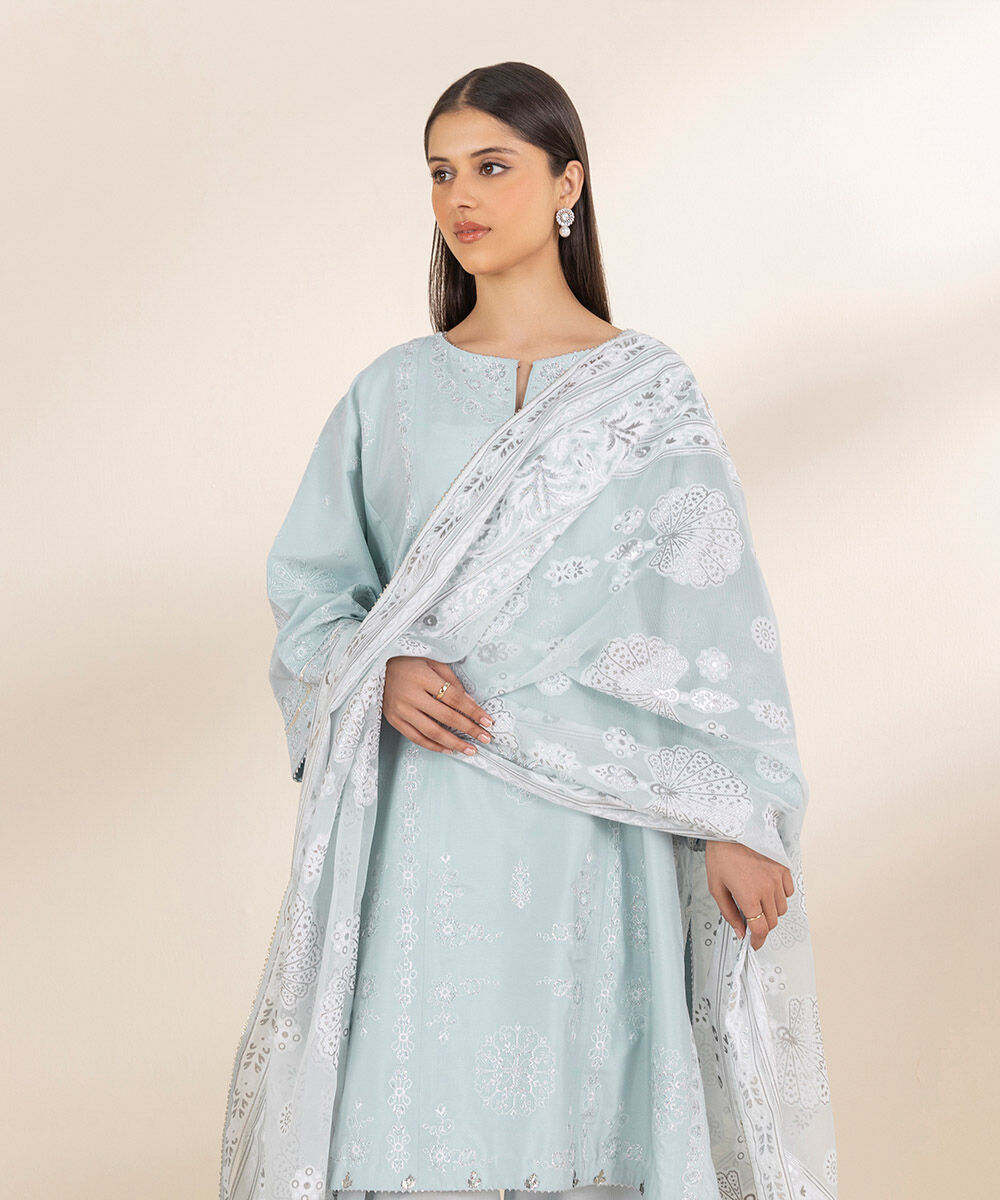 Unstitched Women's Blue Chambray Embroidered 3 Piece Suit