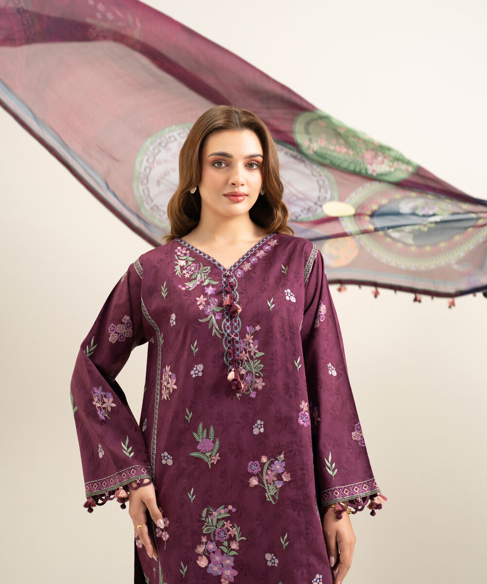 Women's Unstitched Cotton Jacquard Embroidered Red 3 Piece Suit