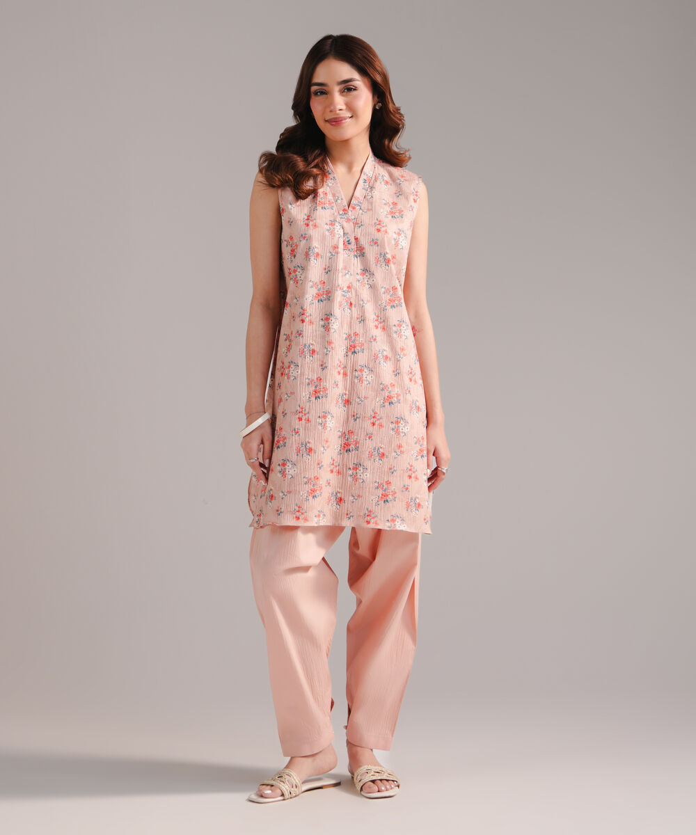 Women's RTW Seersucker Printed Peach 2 Piece Suit