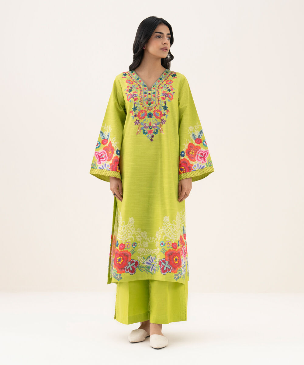 Women's RTW Khaddar Printed A-Line Lime Green Shirt