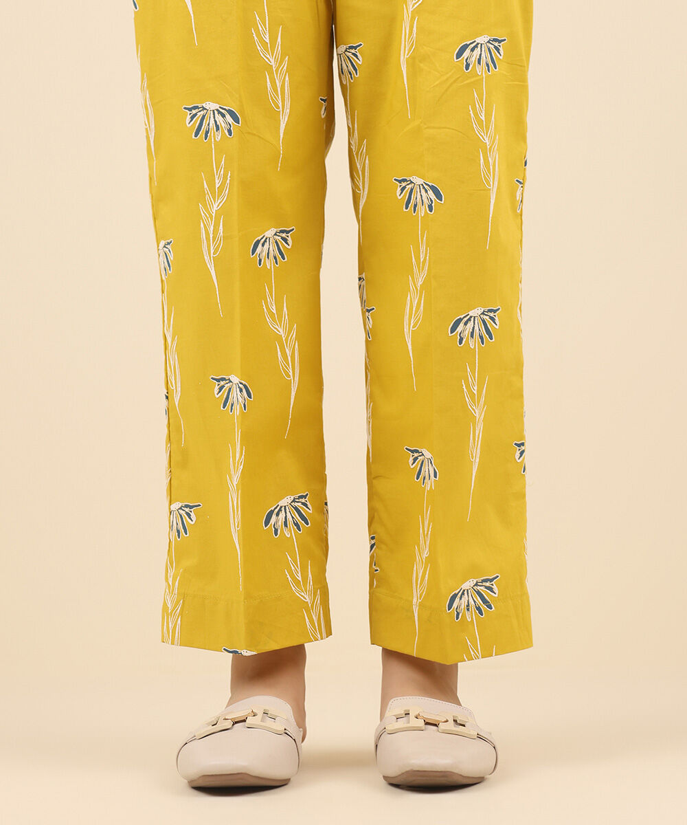 Women's Pret Cambric Yellow Printed Straight Pants