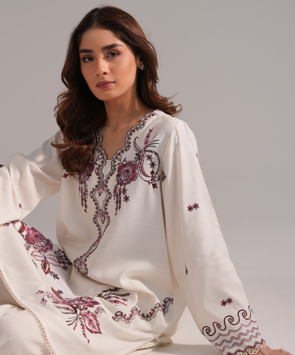 Women's RTW Viscose Raw Silk Embroidered Cream White 2 Piece Suit