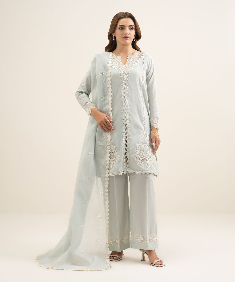 Women's RTW Self Jacquard Embroidered Green Straight Shirt