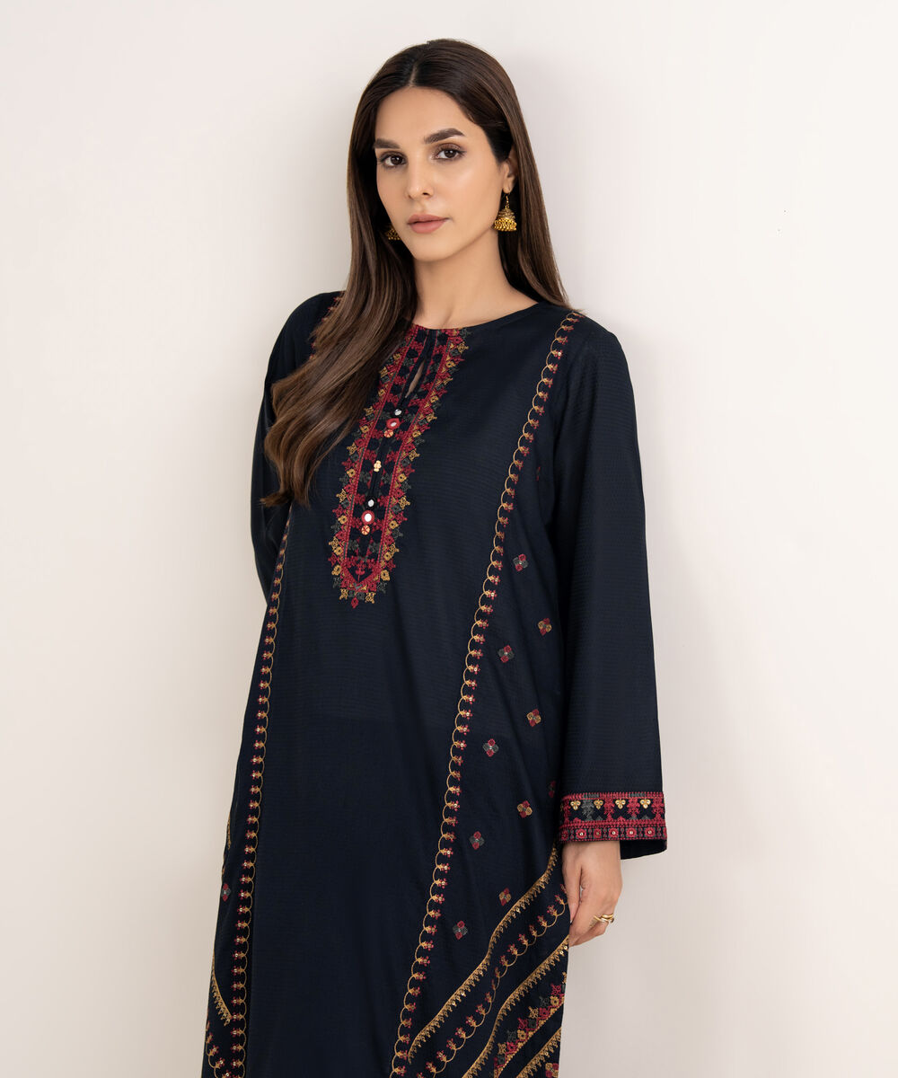 Women's RTW Textured Cotton Black Embroidered A-Line Shirt