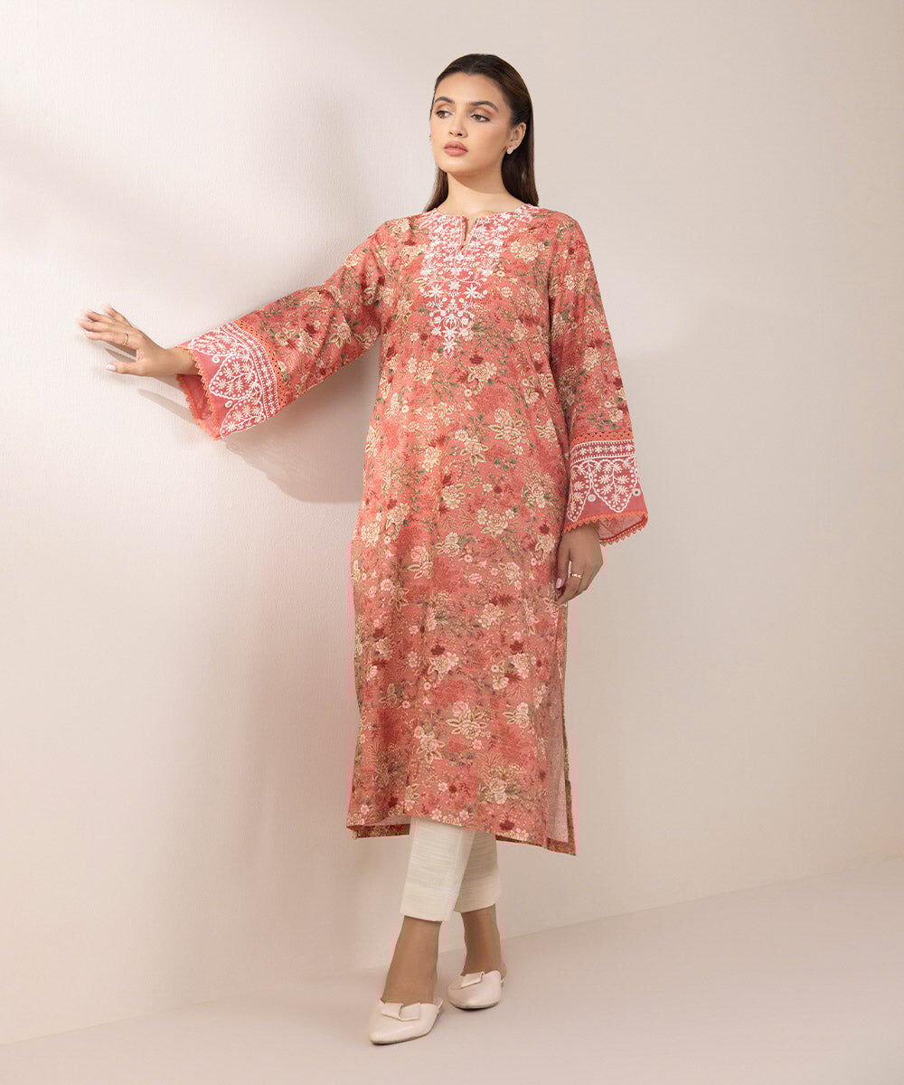 Woman - Pink Embroidered Zari Khaddar Shirt
