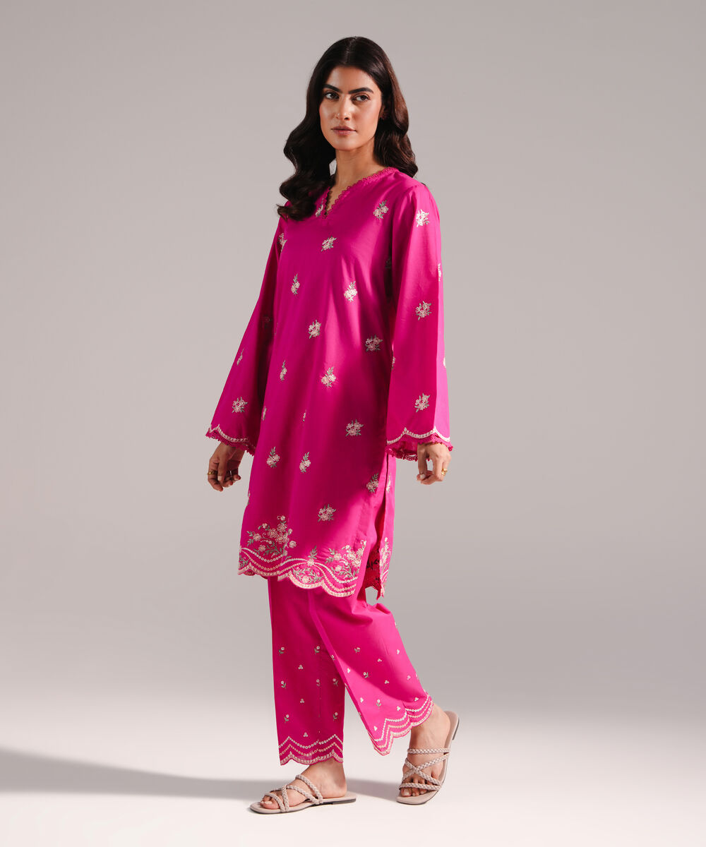 Women's RTW Slub Lawn Embroidered Pink 2 Piece Suit
