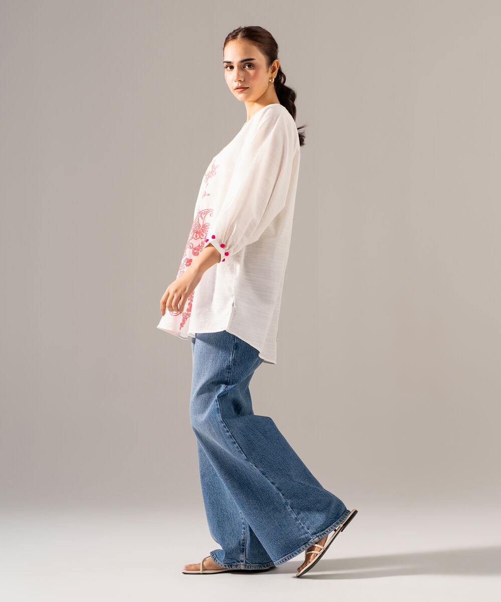 Women's RTW Khaddar Solid Embroidered White Straight Shirt
