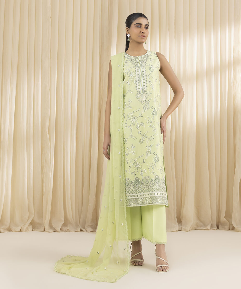 Unstitched Women's Green Cotton Net 3 Piece Suit