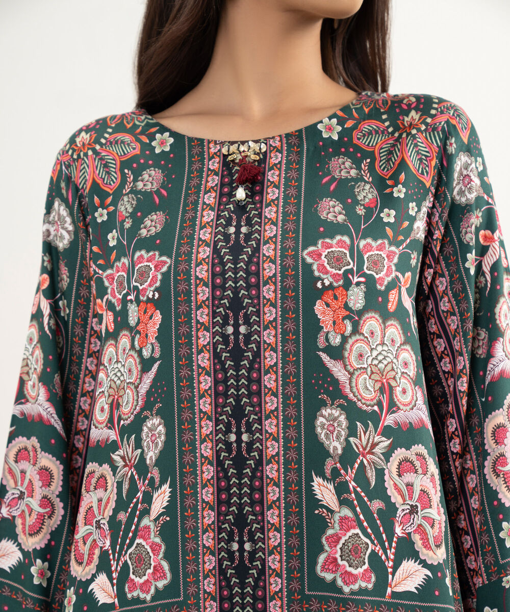 Women's RTW Premium Visocose Satin Printed Dark Green 2 Piece Suit